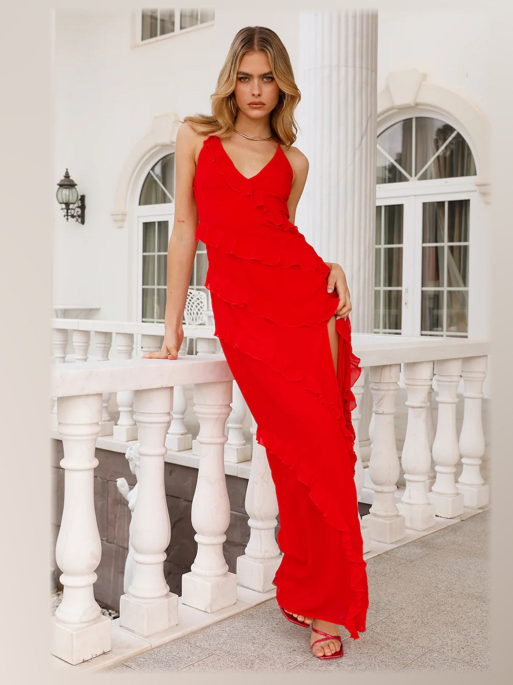 Red maxi formal dress, alternate full-length view showing the skirt