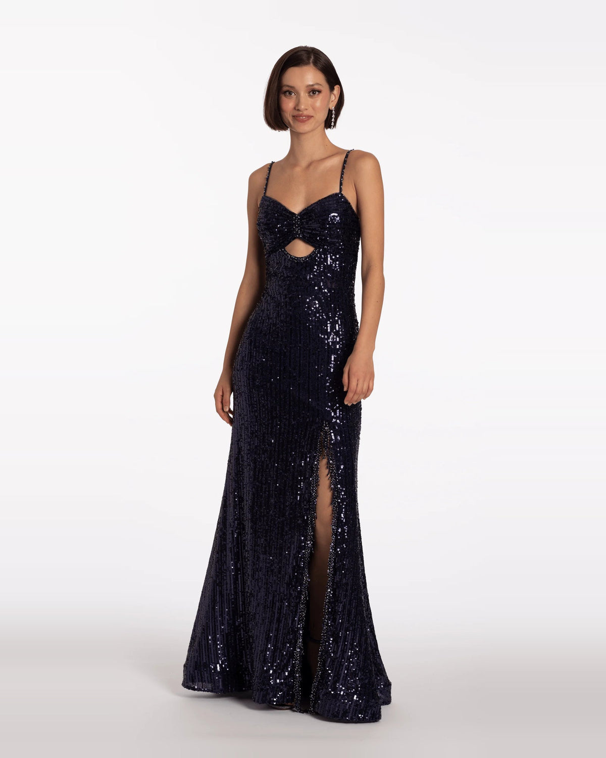 Navy sequin sweetheart trumpet maxi prom dress with beaded bodice and leg slit