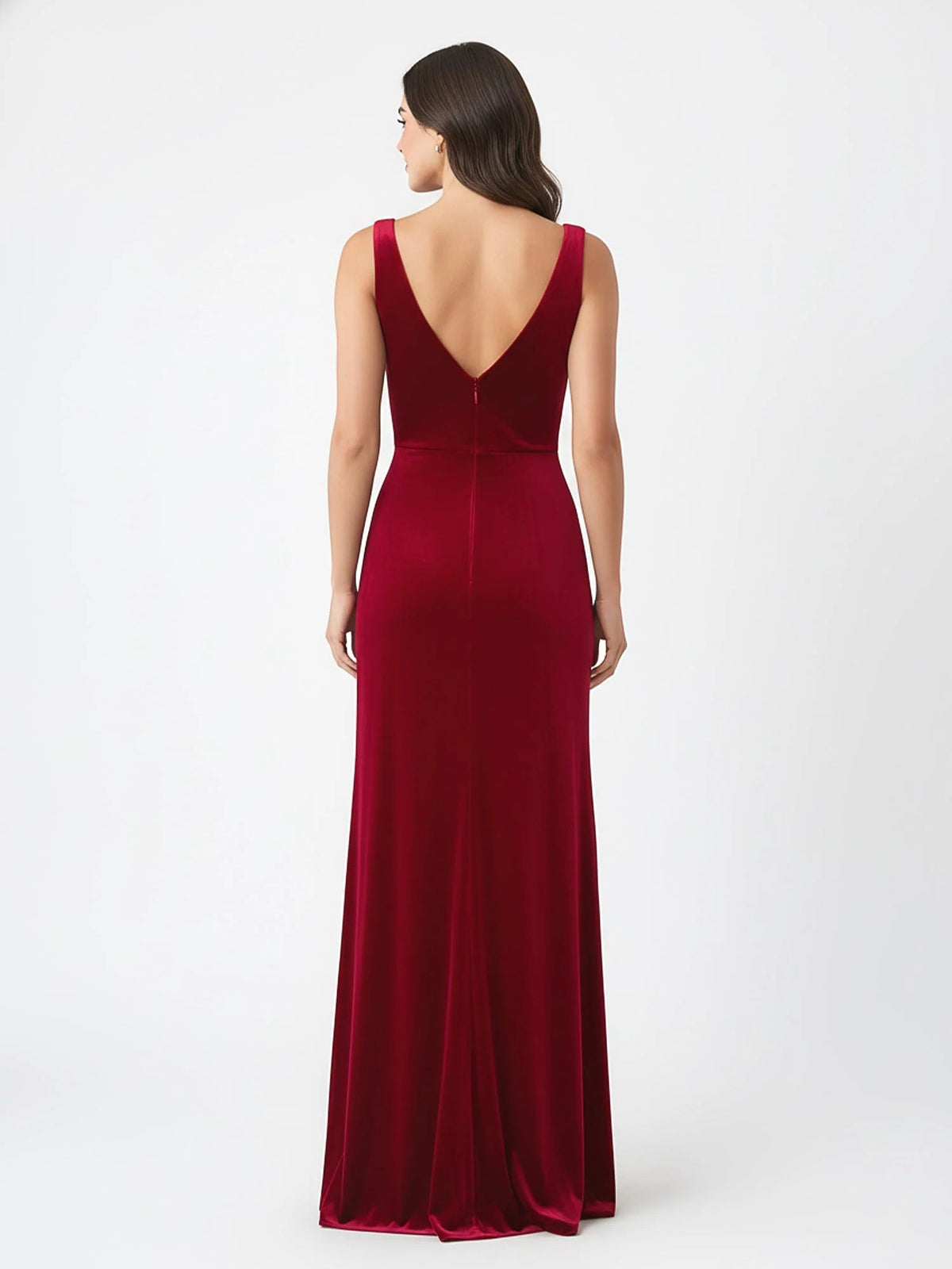 Burgundy V-neck mermaid formal dress back view, sleeveless with V-back