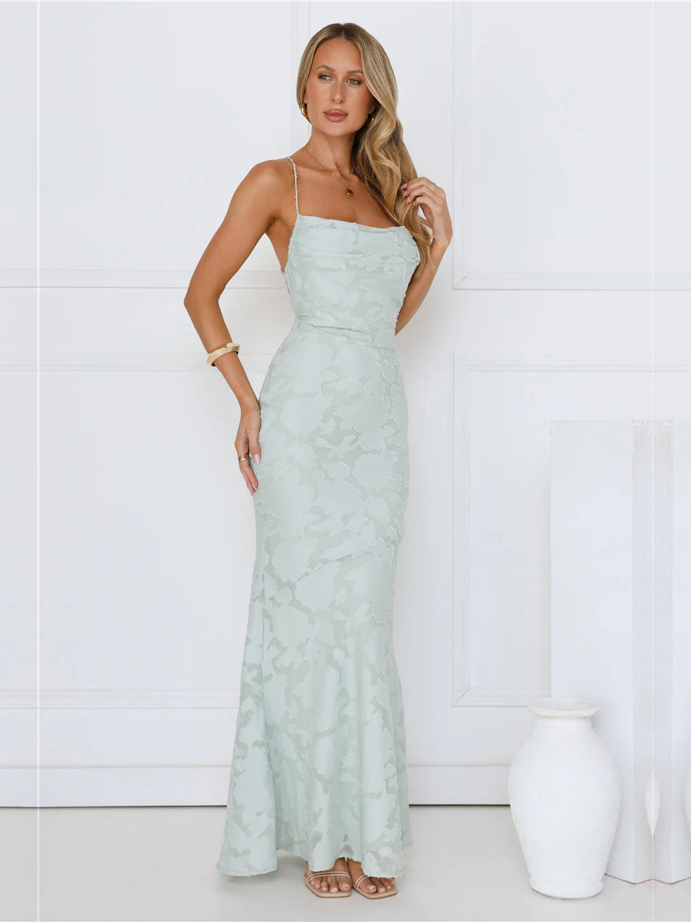 Sage mermaid maxi formal dress with sweetheart neckline, alternate view showing the waist