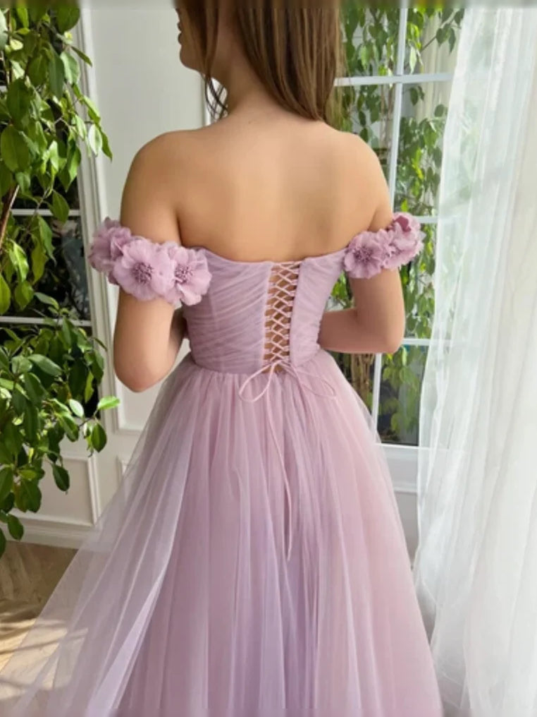 Lilac off-shoulder tulle prom dress with ruffled shoulder flowers and lace corset back
