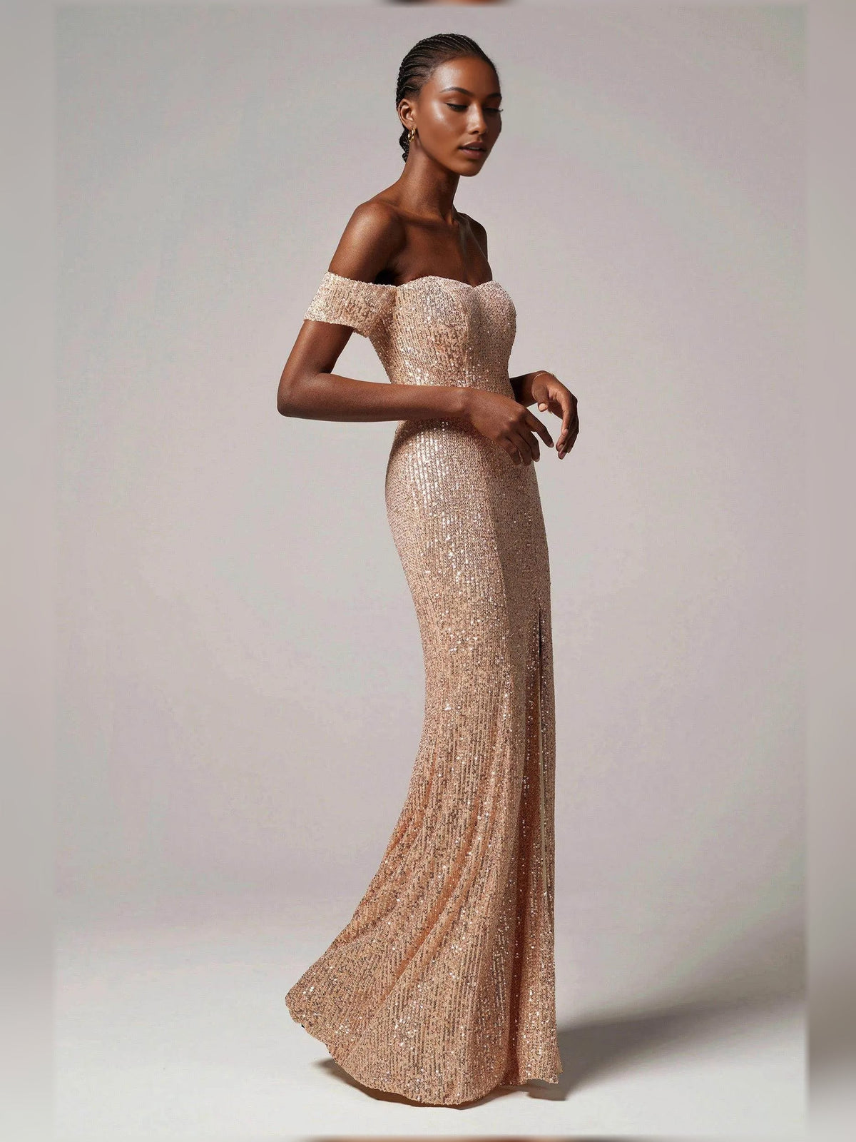 Rose gold off-the-shoulder corset formal gown with sparkle fabric and front leg slit