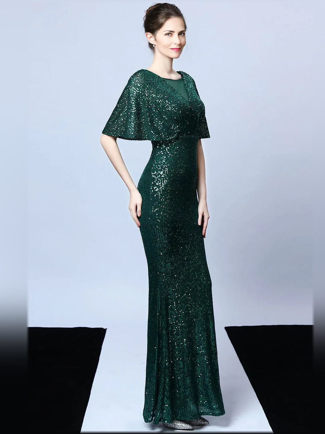 Dark green V-neck sequin mermaid formal dress with draped waist detail