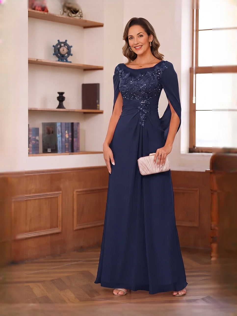 Dark navy chiffon maxi dress with bateau neckline and floral beaded drape bodice
