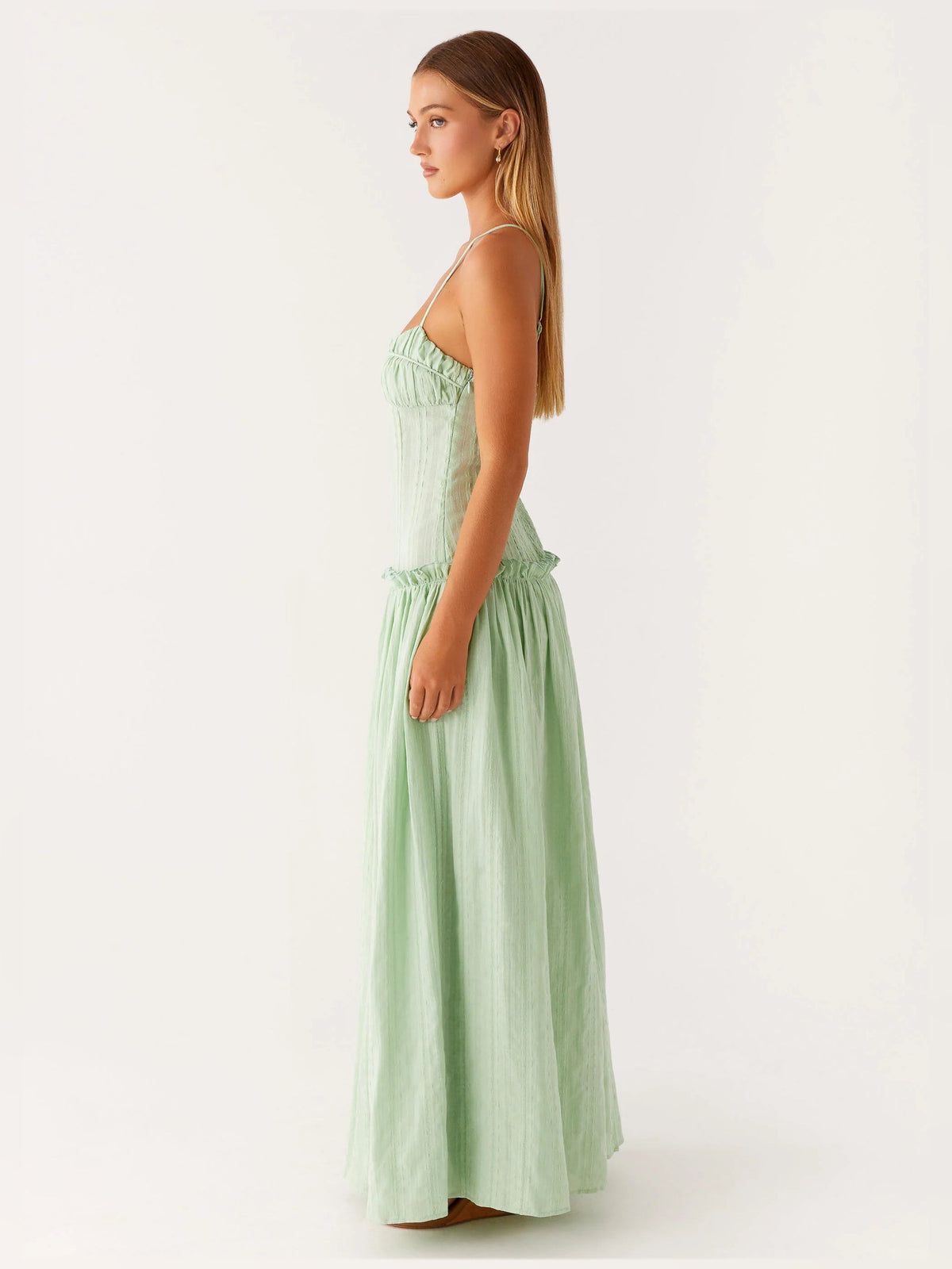 Sage a-line maxi formal dress with square neckline, alternate full-length view showing the waist