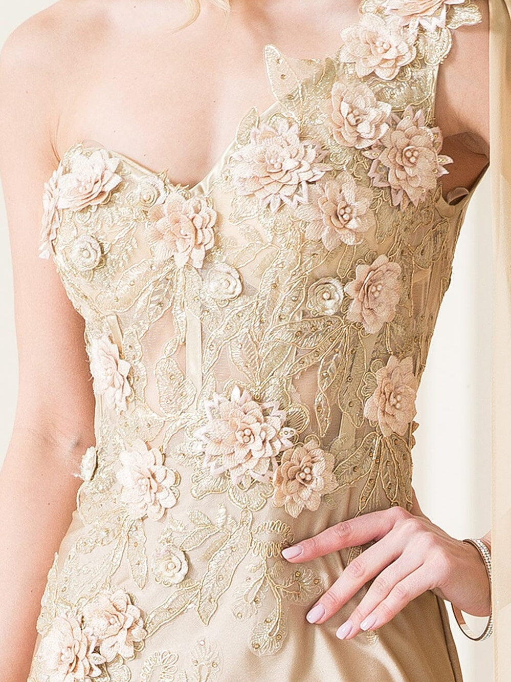 Close-up of champagne one-shoulder mermaid dress with floral lace applique details.
