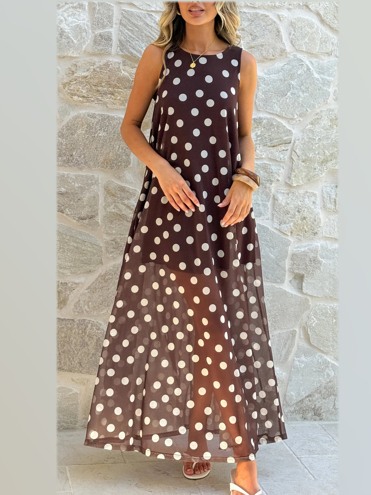 Chocolate White Polka Dot maxi formal dress, alternate full-length view showing the skirt