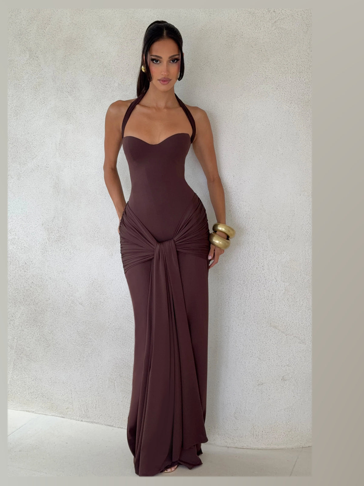 Brown formal dress with a-line detailing