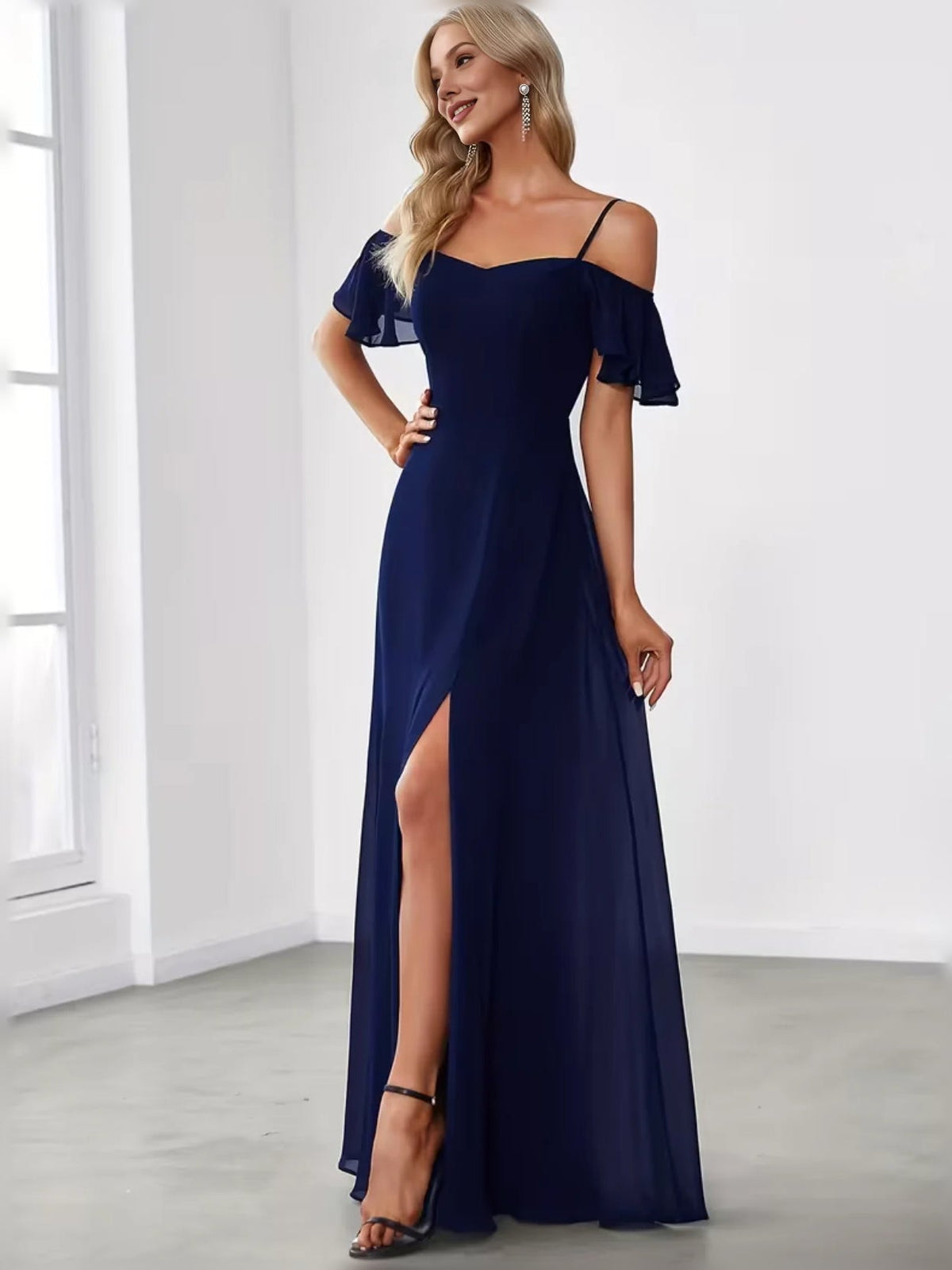 Dark navy sweetheart A-line maxi chiffon dress with off-shoulder ruffle sleeves and side slit
