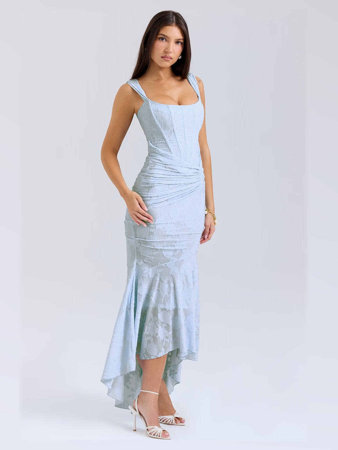 Light Blue Floral Print maxi formal dress, alternate full-length view showing the skirt