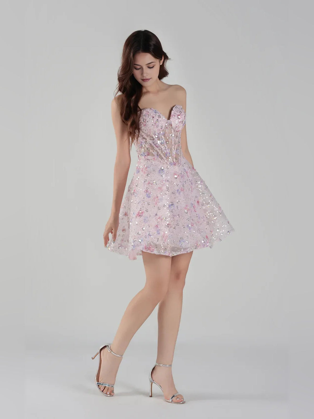 Light pink sequin A-line mini dress with sweetheart corset bodice and thin straps