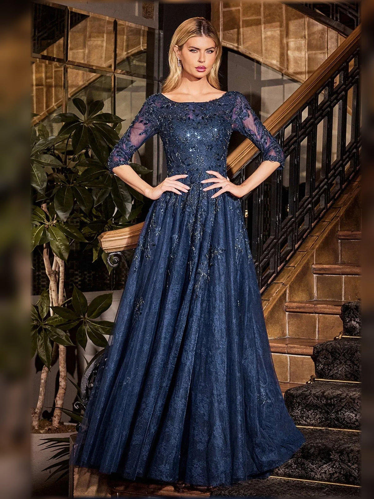 Navy beaded A-line lace formal dress, lace 3/4 sleeves, scoop neckline, floor length
