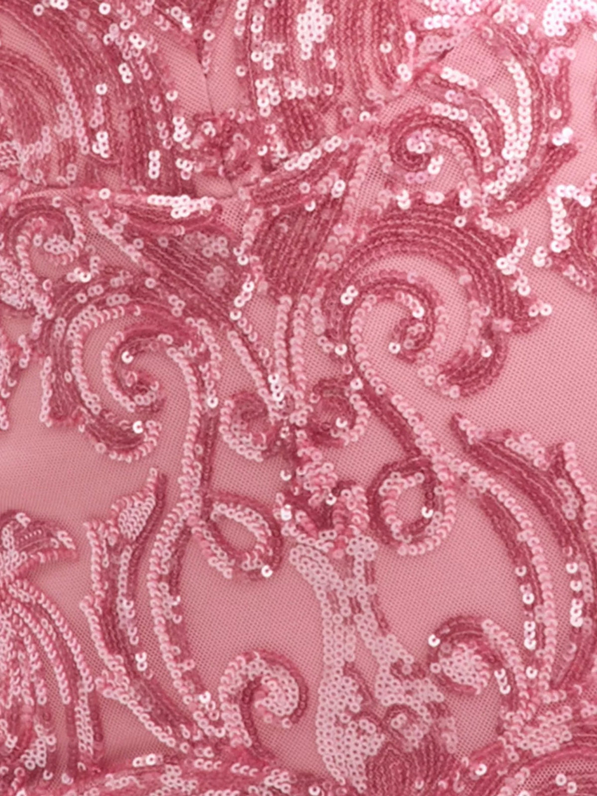 Coral sequined floral swirl pattern fabric detail