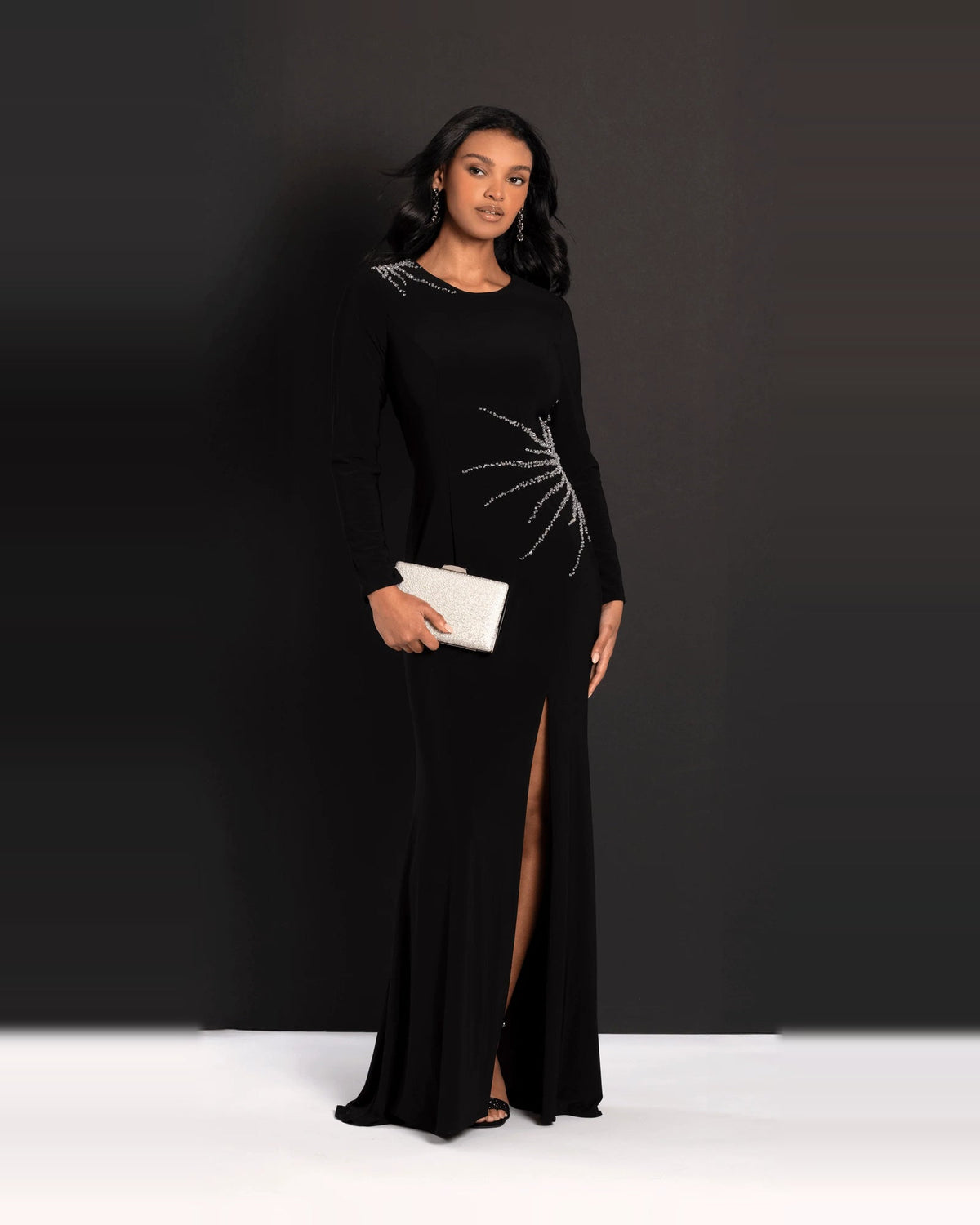 Black beaded jewel-neck column maxi prom dress, long sleeves, front slit