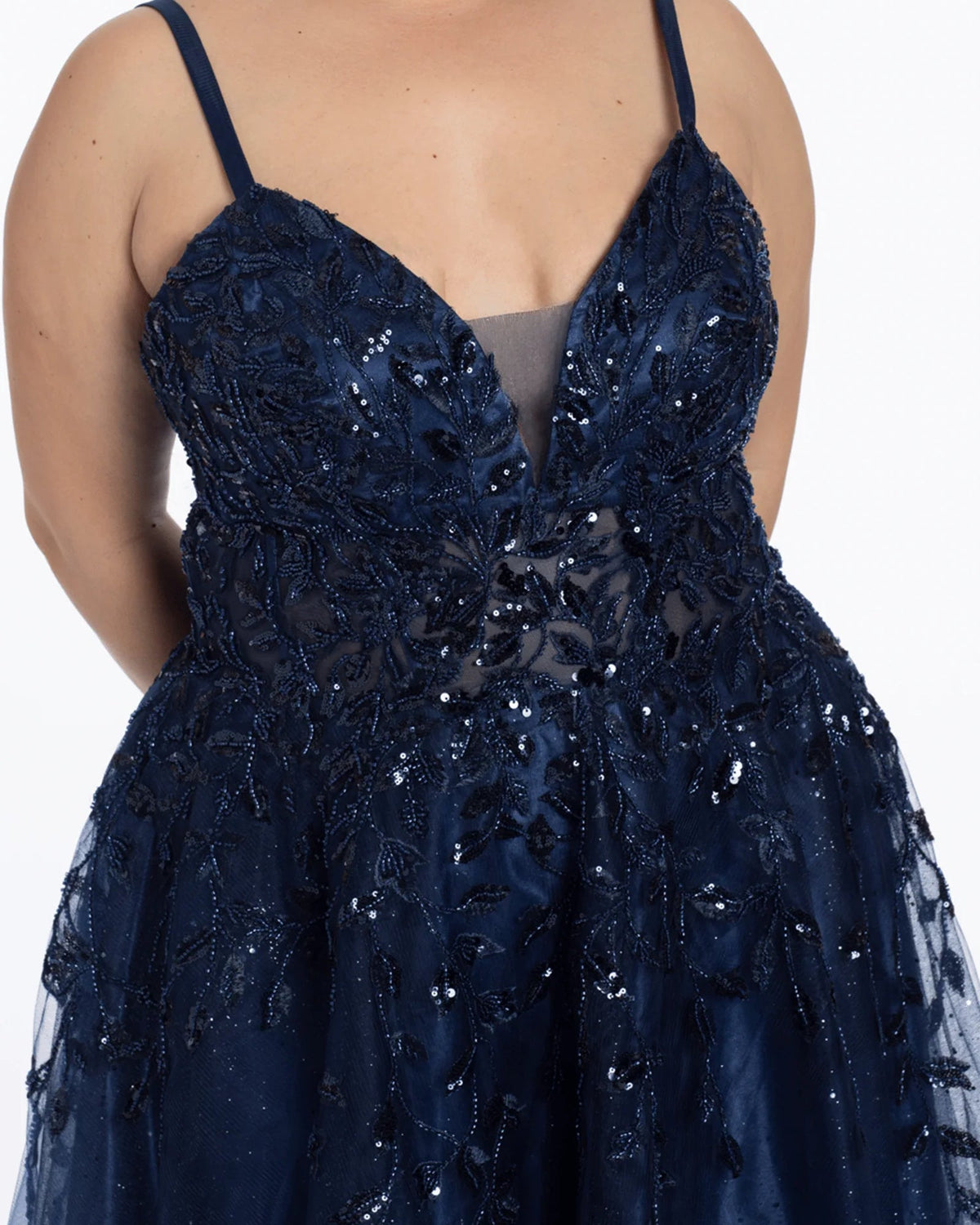 Navy sequin corset bodice with V-neck and thin spaghetti straps