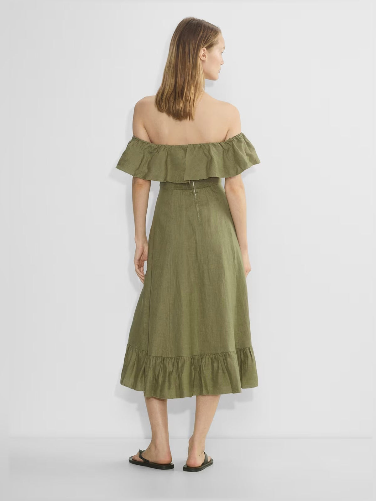 Olive off-shoulder linen midi dress with ruffled neckline and tiered skirt