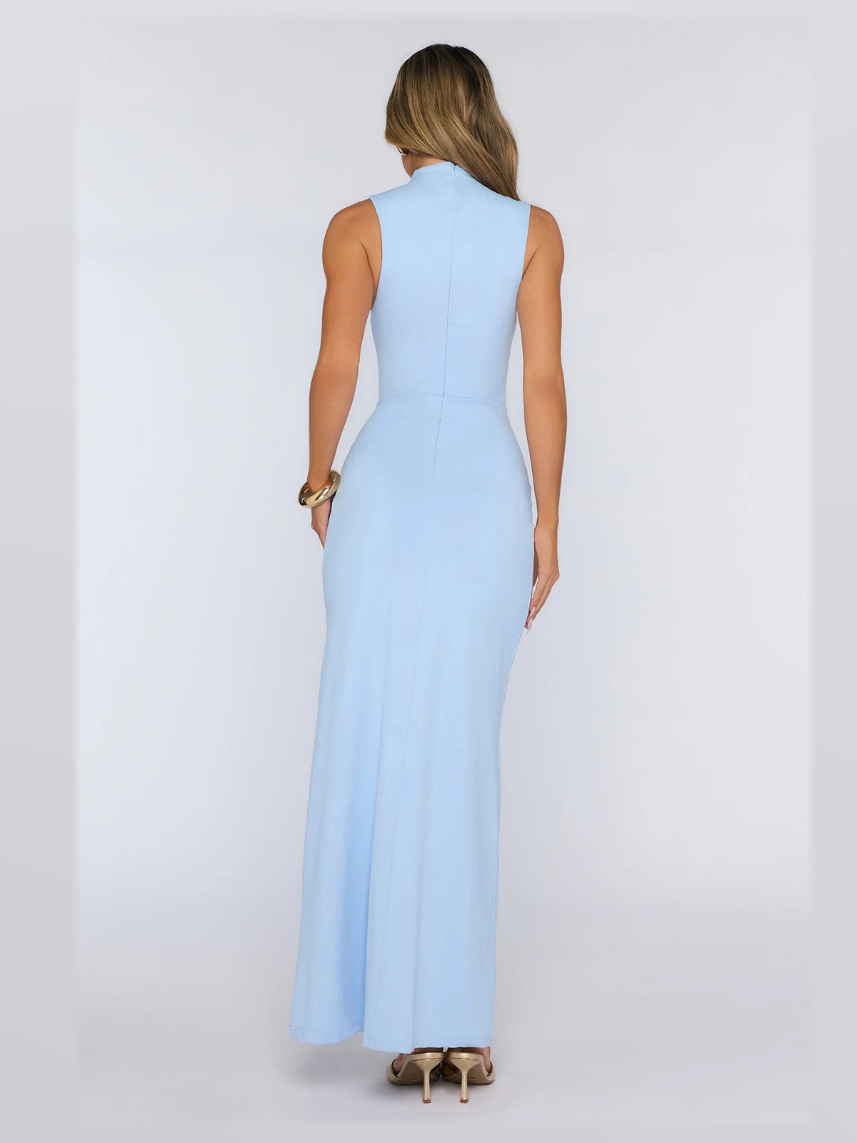 Blue formal dress with a-line detailing