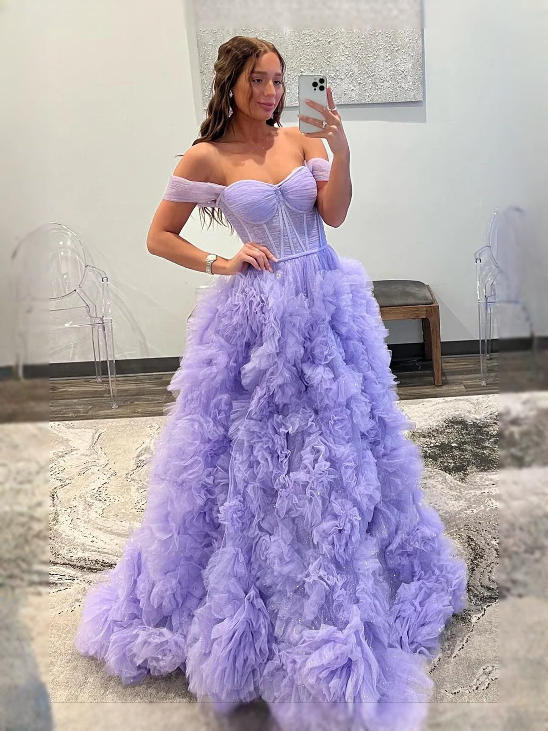 Lavender off-shoulder sweetheart corset maxi dress with textured ruffled tulle skirt