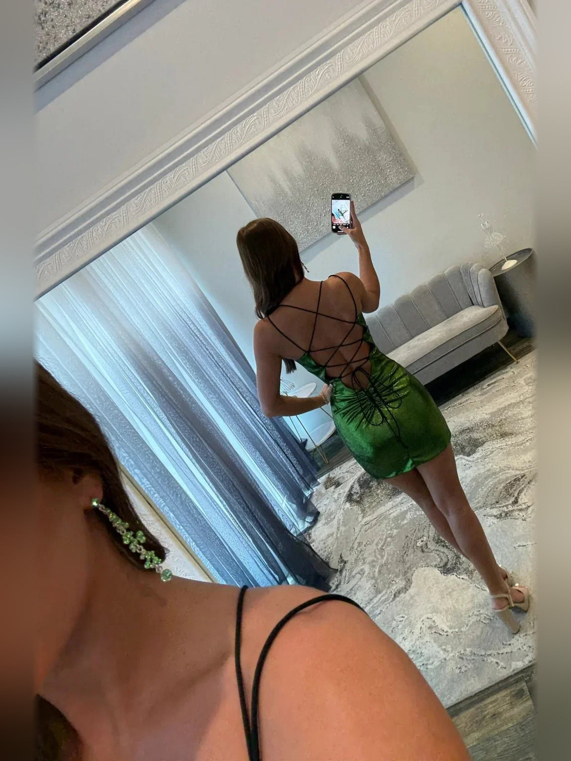 Lime green metallic ruched mini dress, open back with crisscross straps and V-neck