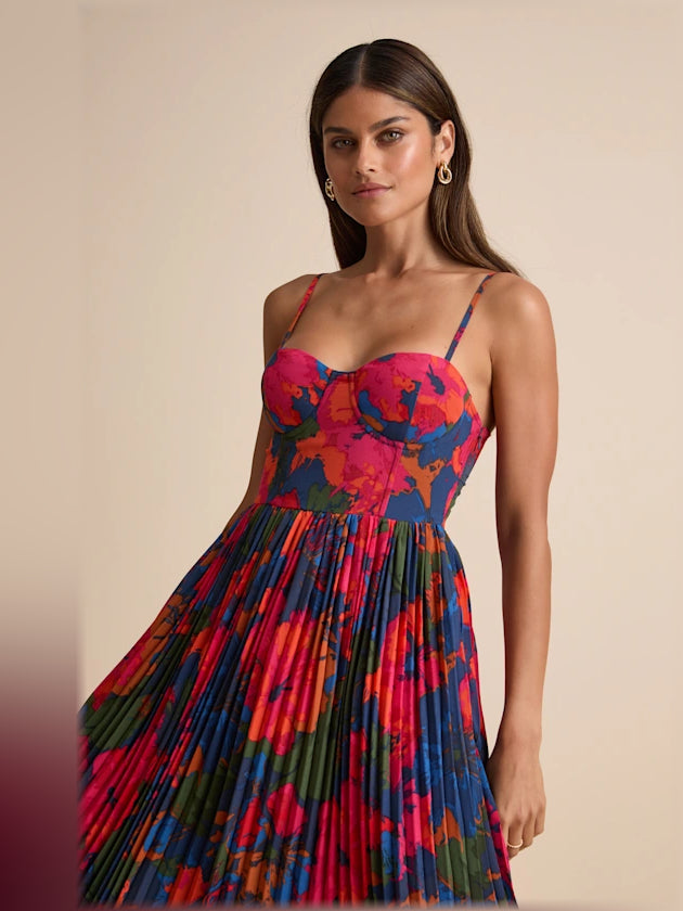 Front close-up of pleated midi formal dress, sweetheart bodice, dark blue multi floral print