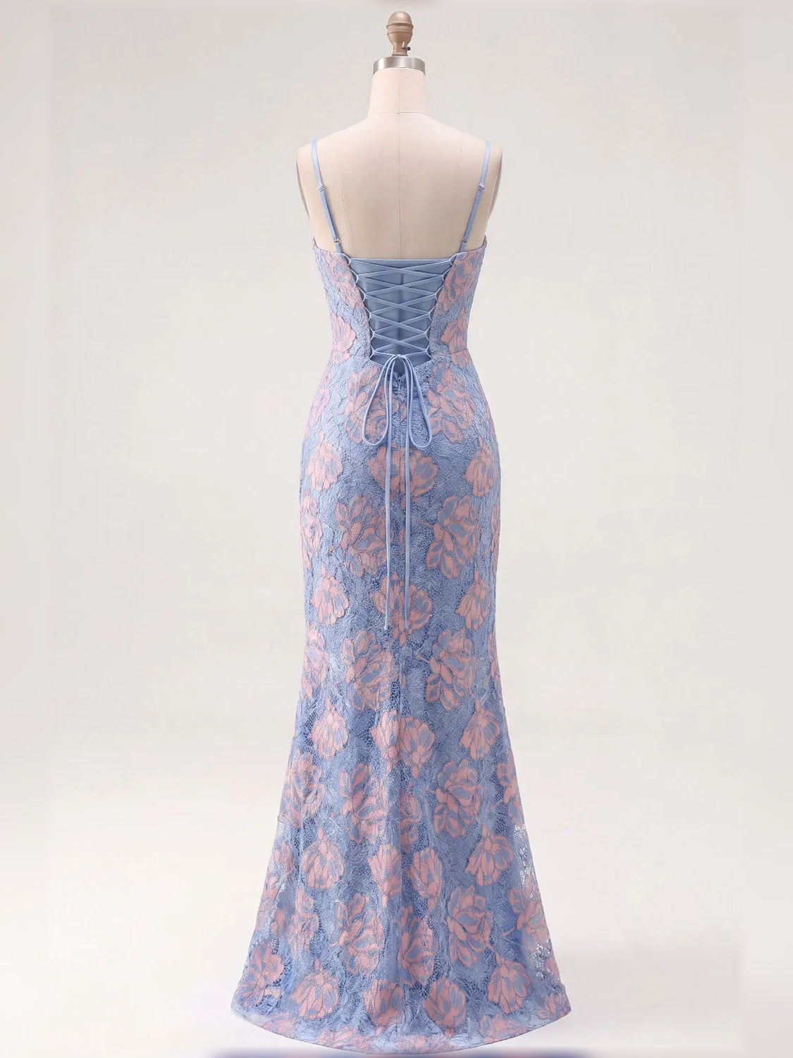 Blue floral corset-style formal maxi dress on mannequin, spaghetti straps, lace-up back
