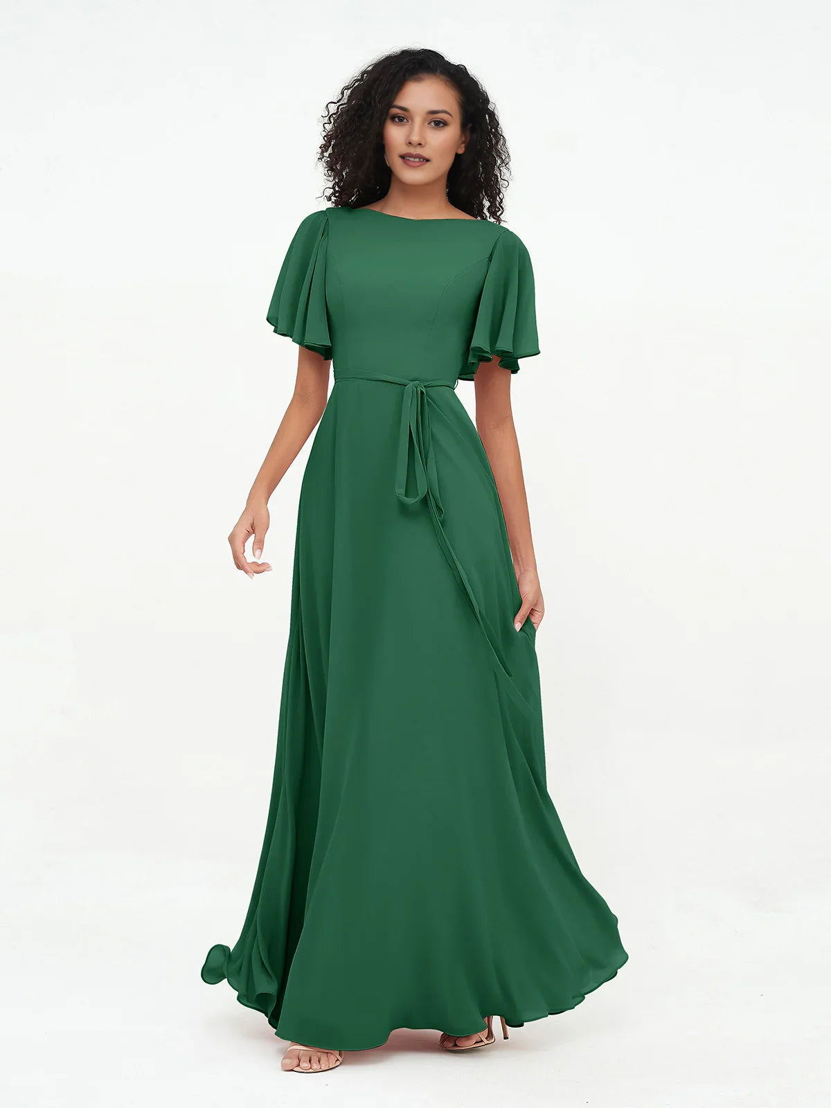 Dark green boat-neck A-line maxi chiffon bridesmaid dress with flutter sleeves