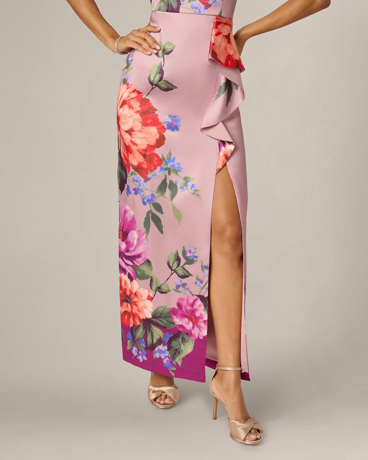 Mauve floral print maxi sheath dress with layered drape and front side slit