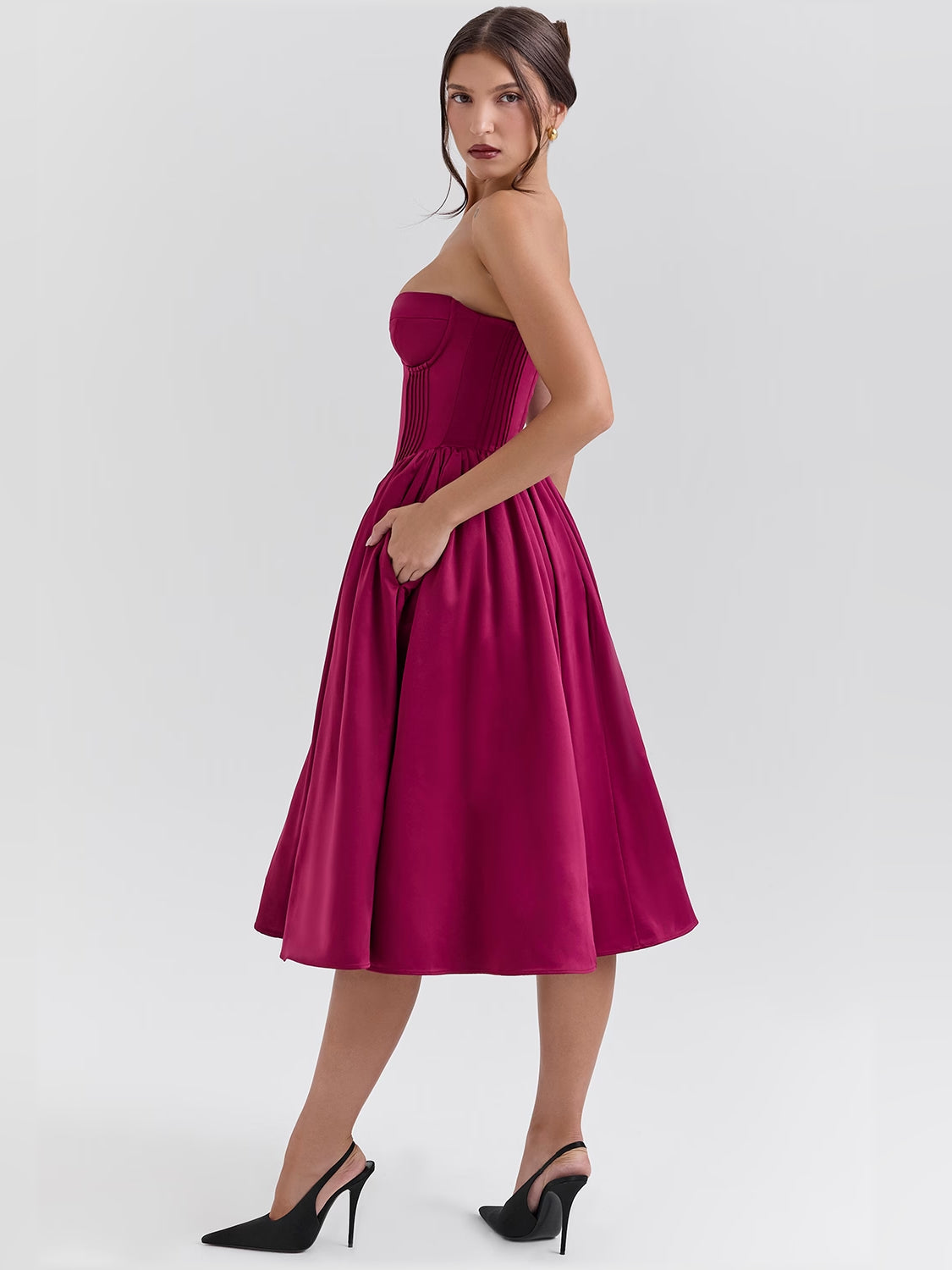 Fuchsia satin tulle midi formal dress with side corset seams and flared skirt