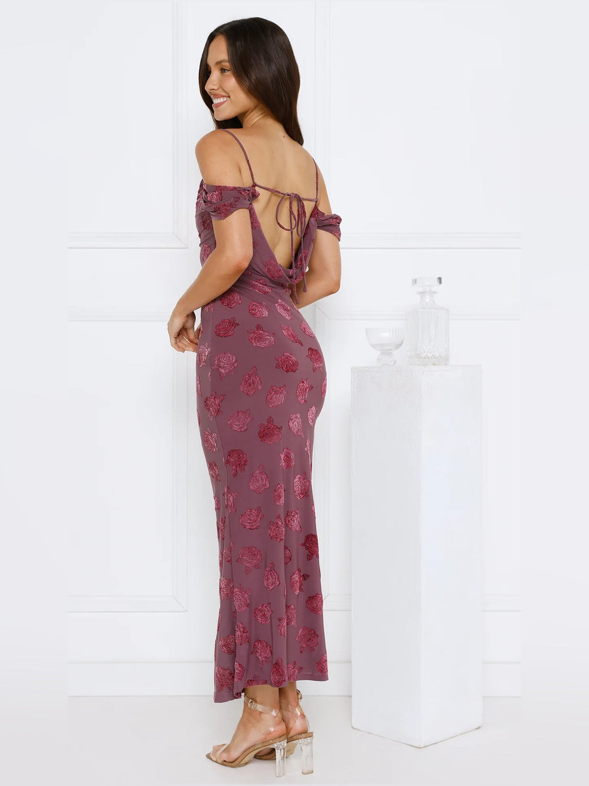 Off-shoulder maroon floral maxi dress with open back and tie-up spaghetti straps