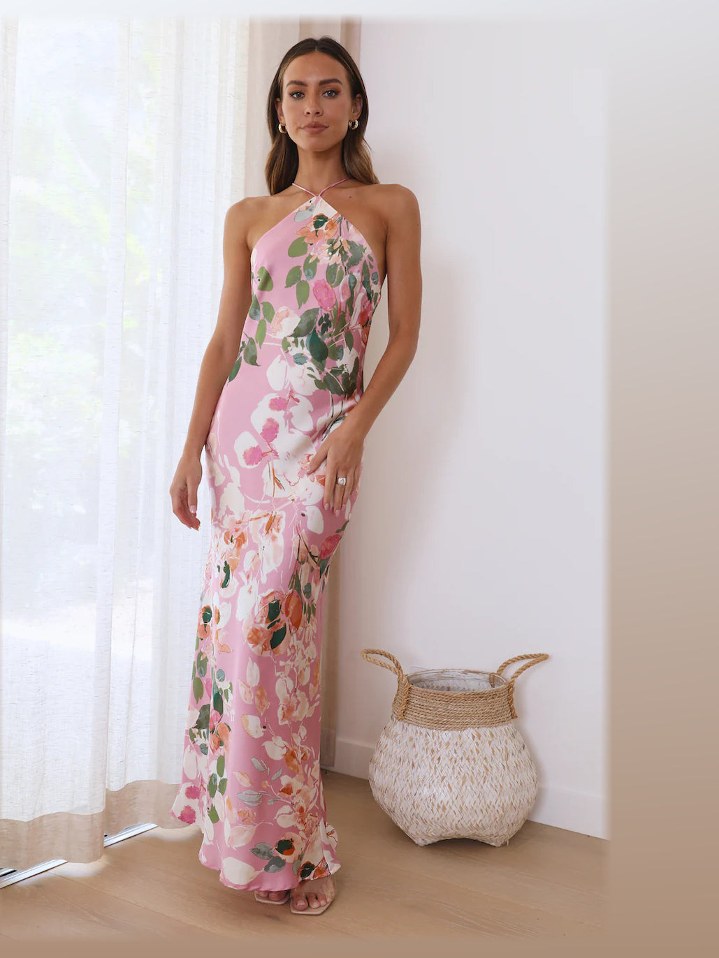 Pink maxi formal dress, alternate full-length view showing the skirt
