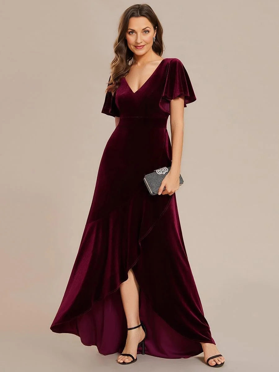 Burgundy velvet V-neck A-line dress with layered front slit and flutter sleeves