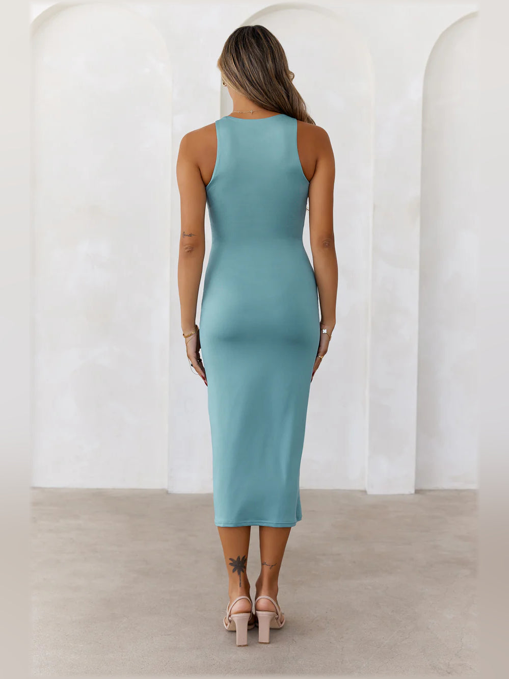 Teal sleeveless midi formal dress, scoop back and fitted column silhouette