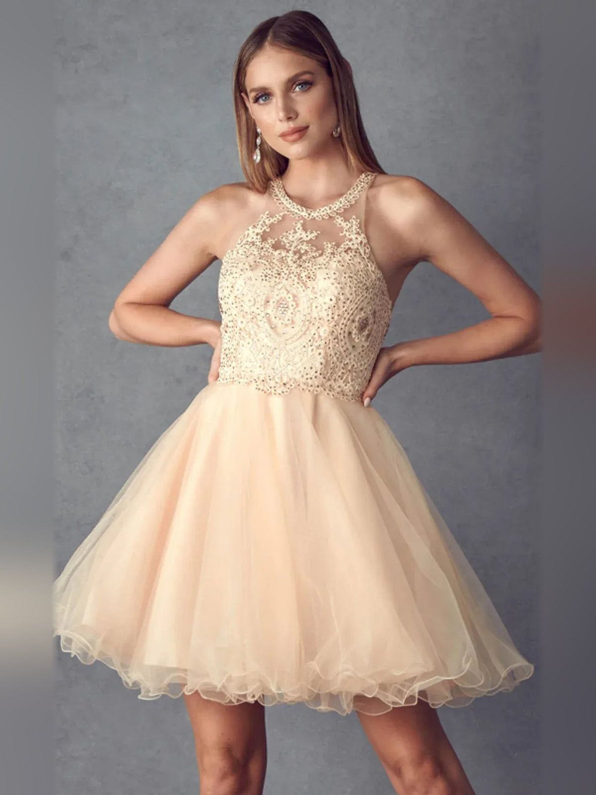 Champagne beaded halter neck short tulle A-line homecoming dress with tulle skirt