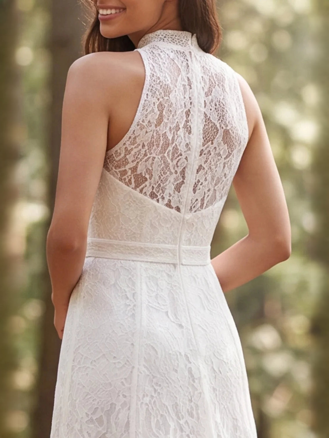 Ivory lace halter wedding dress back with open cut-out and halter straps