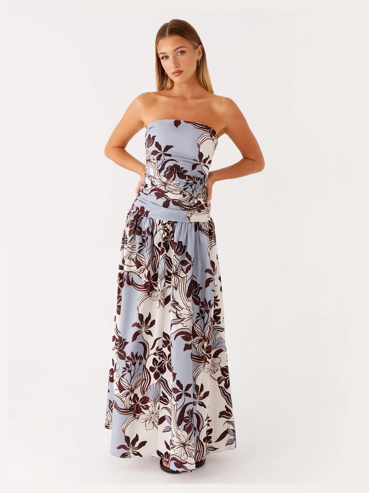 Light Blue Brown Floral Print maxi formal dress, alternate full-length view showing the skirt