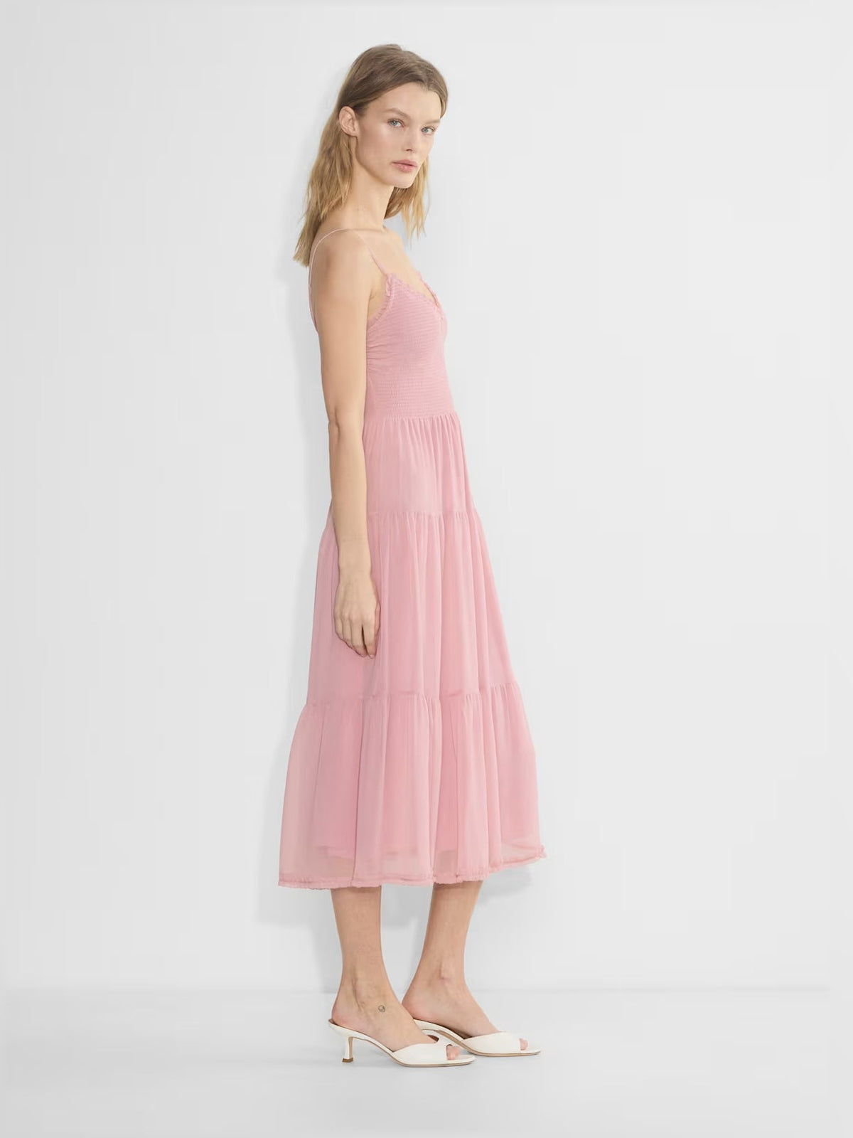 Pink chiffon midi formal dress with V-neck and thin straps, tiered layers
