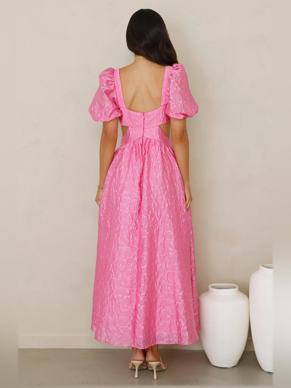 Fuchsia midi formal dress with open square back and puff sleeves
