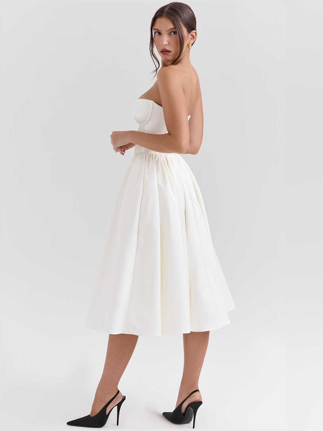 Ivory satin midi dress, strapless corset bodice with pleated A-line skirt