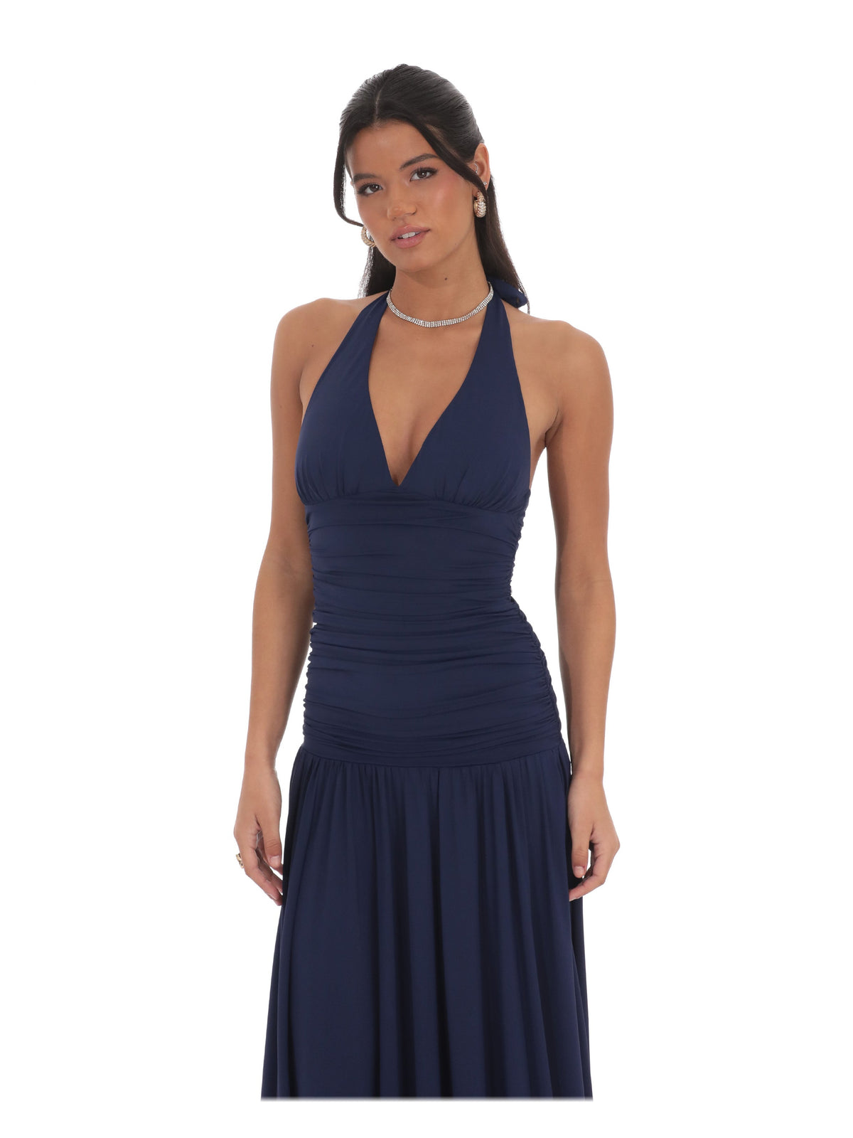 Navy bridesmaid dress with drop-waist detailing