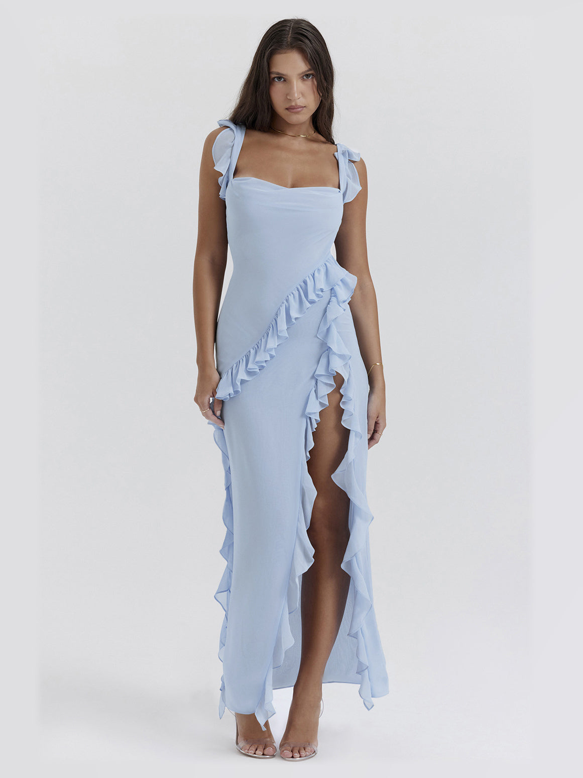 blue maxi formal dress, alternate full-length view showing the skirt