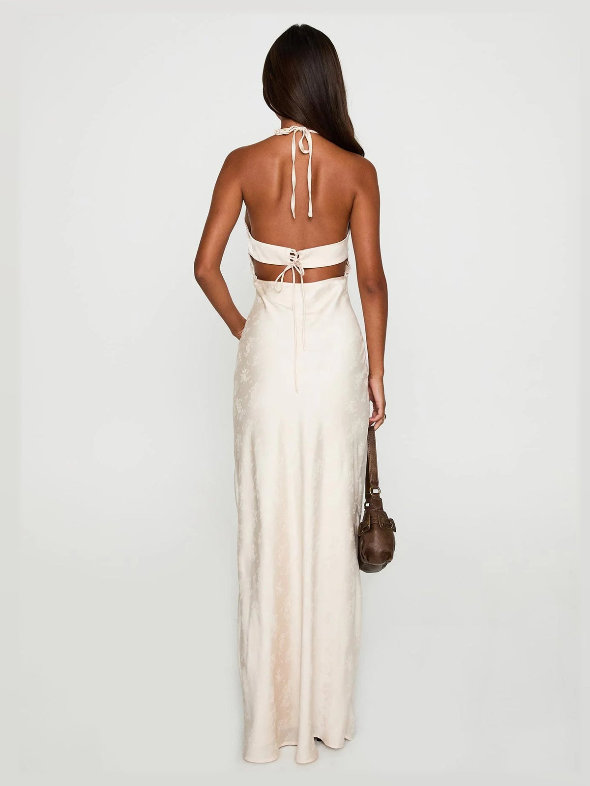 Champagne formal dress with a-line detailing