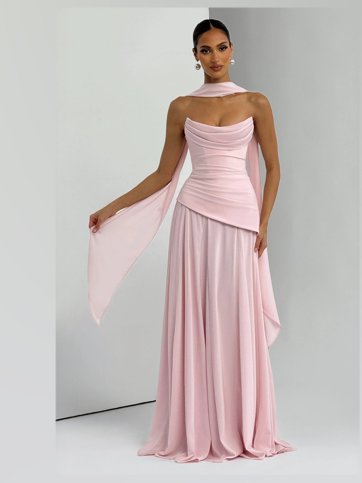 Blush maxi formal dress, alternate full-length view showing the skirt