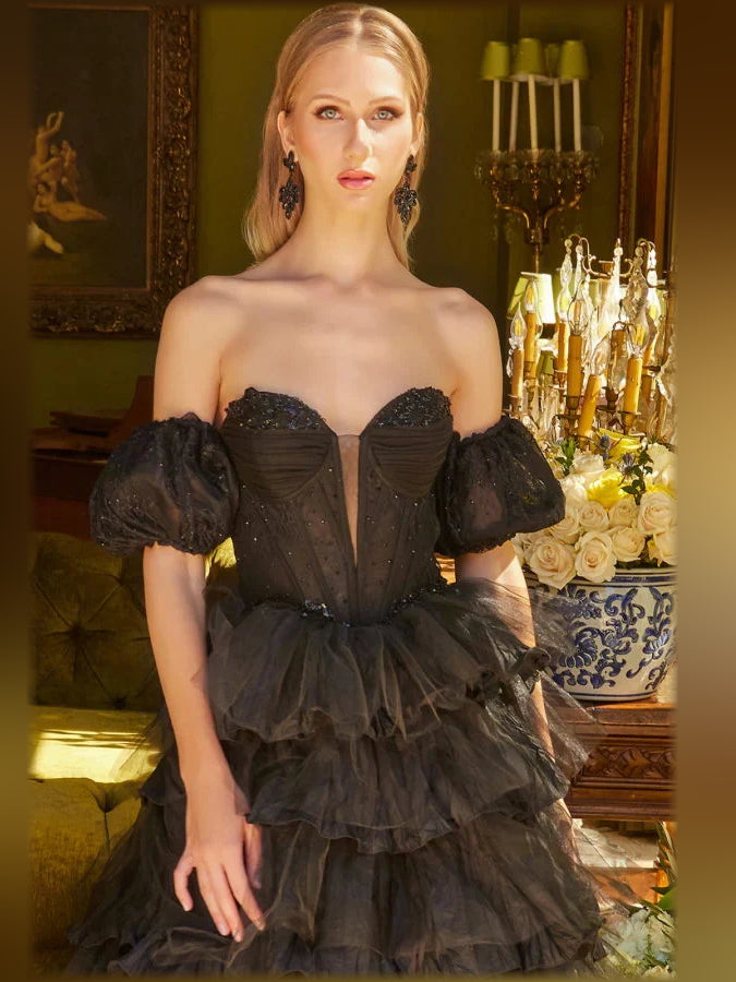 Black off-shoulder corset dress with ruched bodice and tiered ruffle skirt