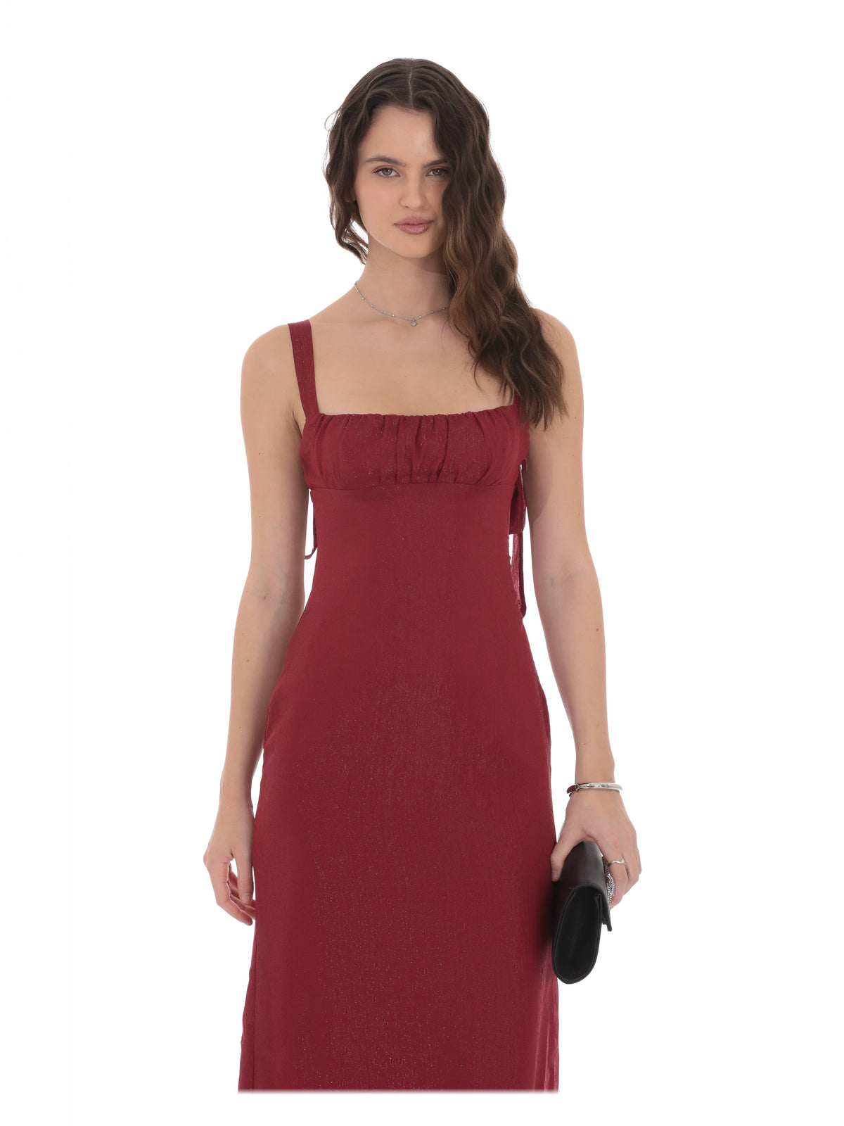 Maroon bridesmaid dress with empire-waist detailing