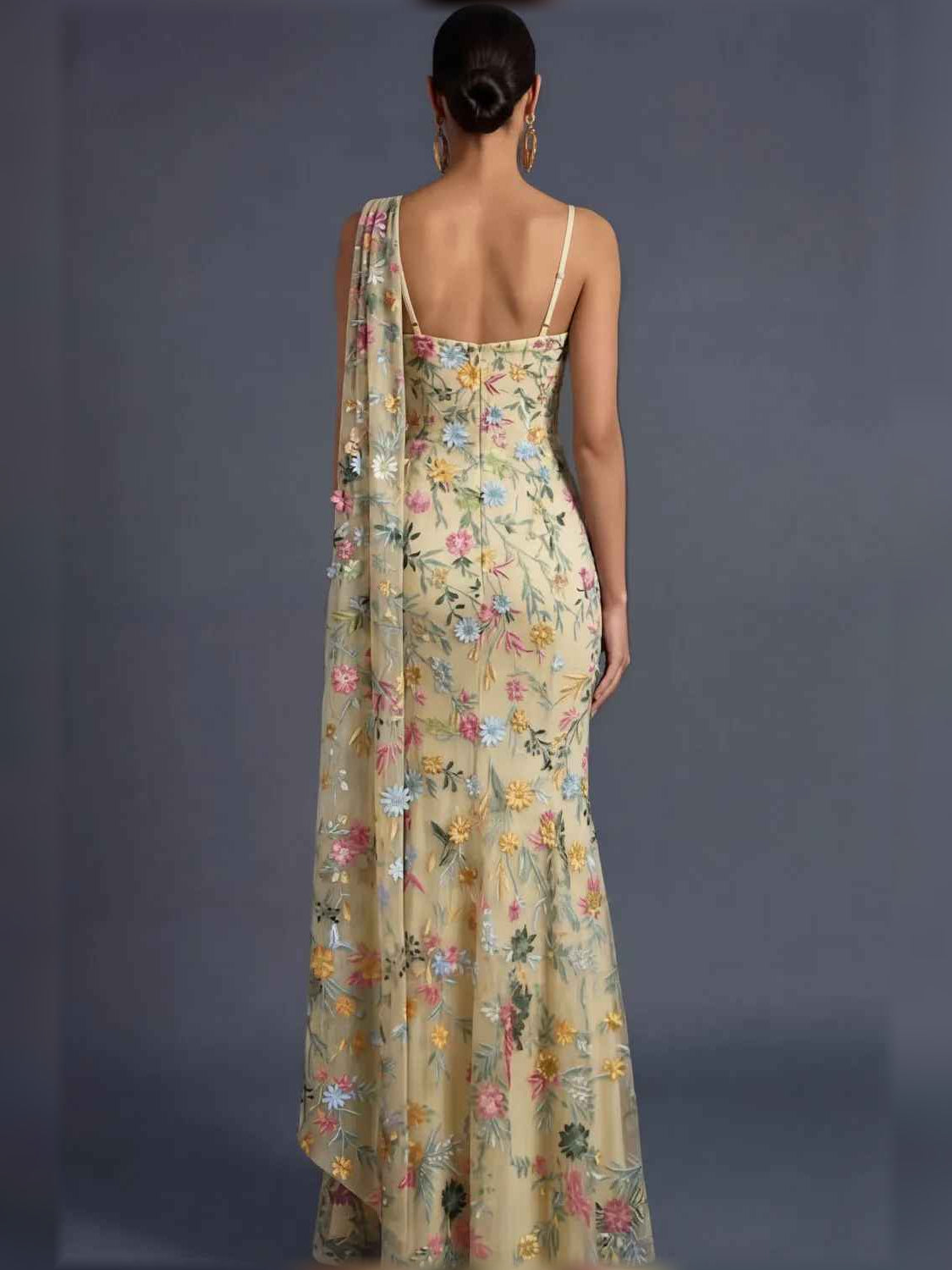 Floral print one-shoulder formal dress, open back, cream base with pastel flowers