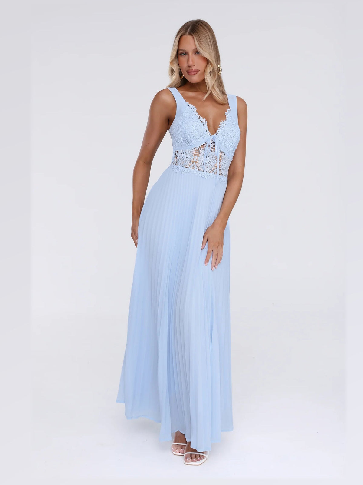 Blue maxi formal dress, alternate full-length view showing the skirt