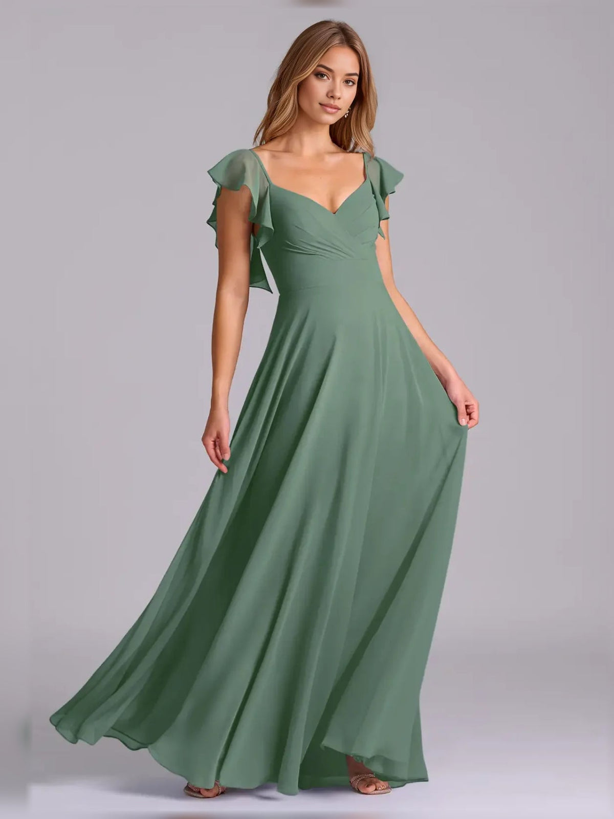 Dusty sage pleated chiffon A-line maxi dress, V-neck with flutter sleeves
