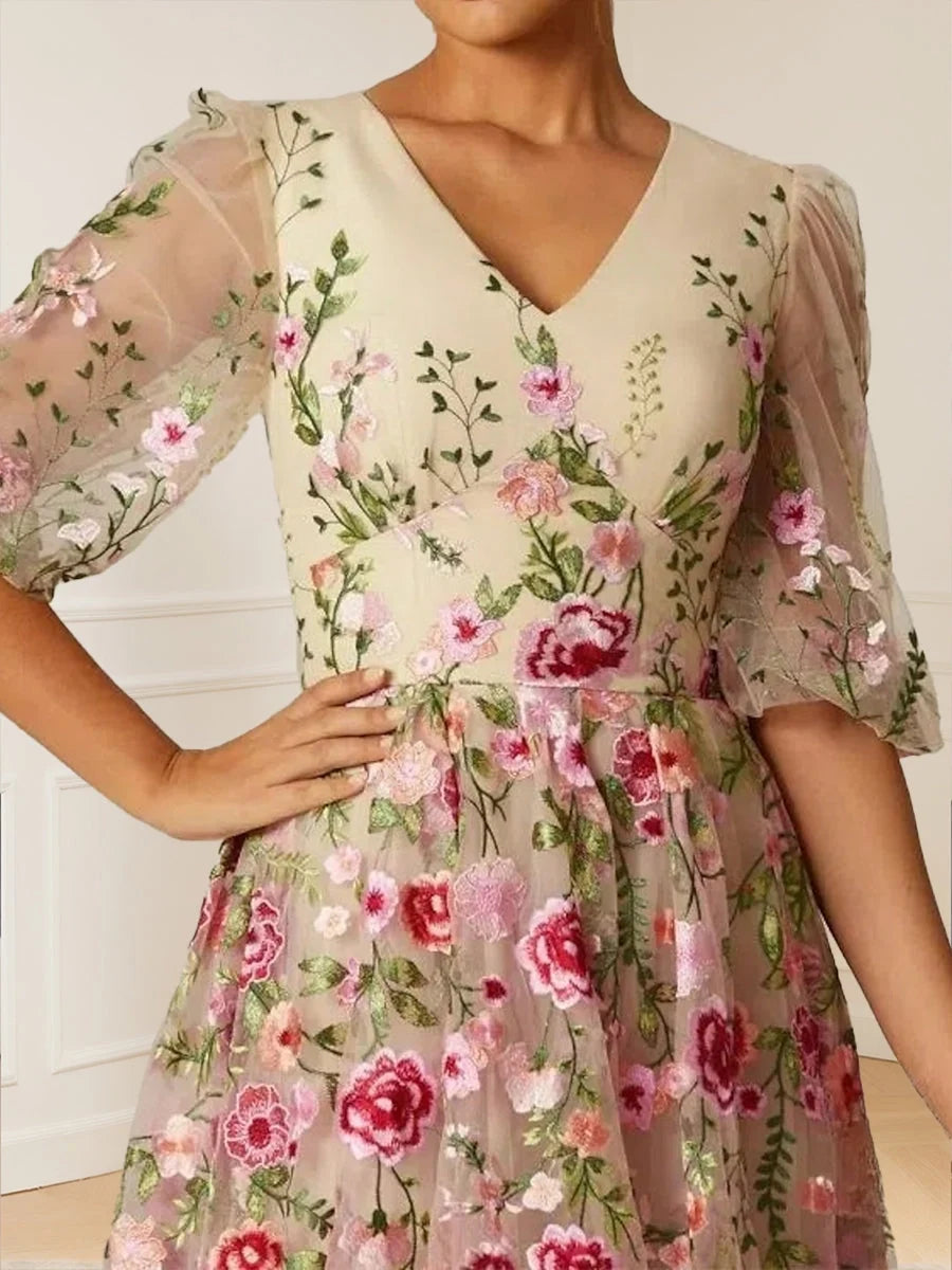 Ivory tulle V-neck bodice with floral embroidery and gathered waist detail