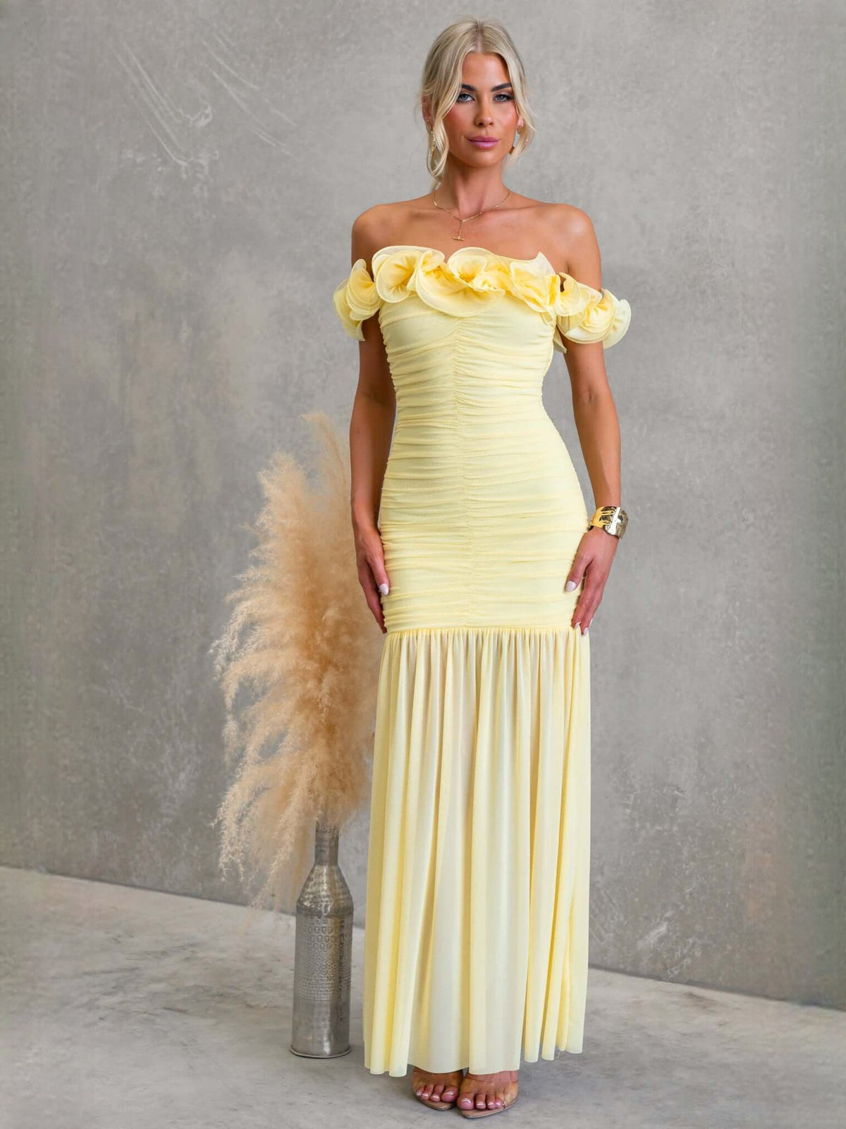 Butter Yellow fit-and-flare maxi formal dress with floral appliqu¨¦, alternate full-length view