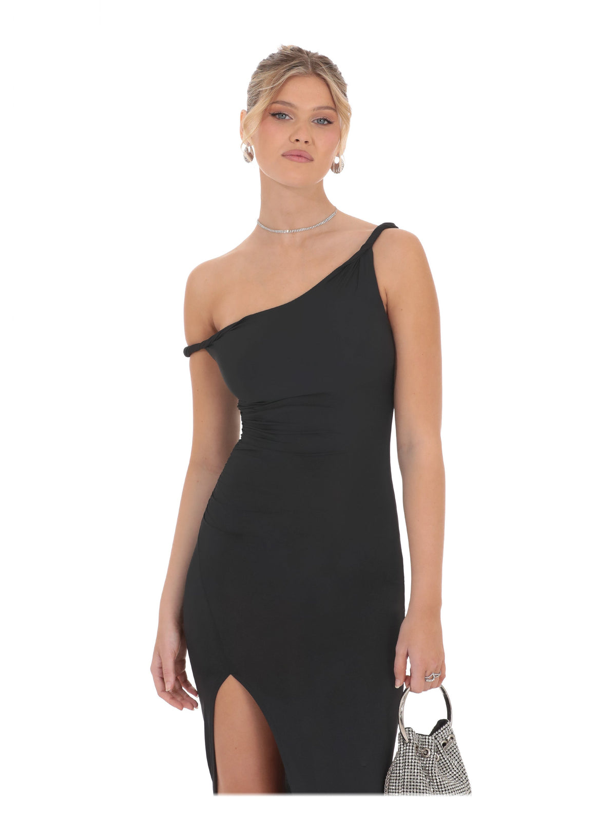 Black one-shoulder maxi dress with draped bodice and thigh-high slit